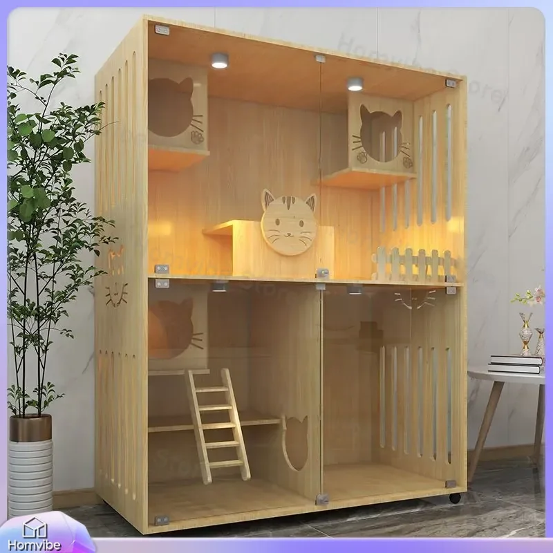 Luxury Solid Wood Cat Villa Indoor Multi Level Cat House Large Cage Nest Furniture Upper Lower Bunk Second Floor Cabinet for
