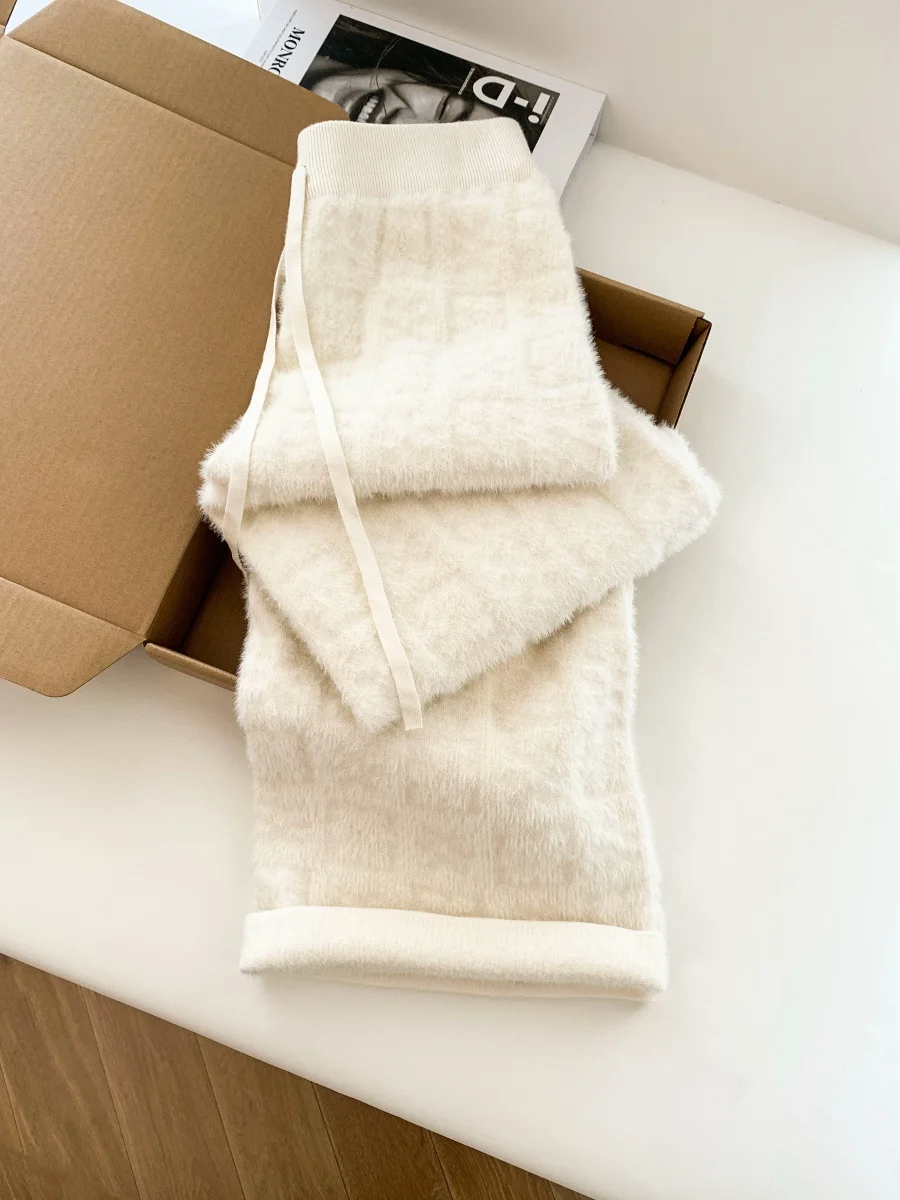 

Теплые вязаные широкие брюки на подкладке, женская зимняя верхняя одежда с высокой талией и кисточками, корейский Sle, для поездок на работу, с геометрическим узором