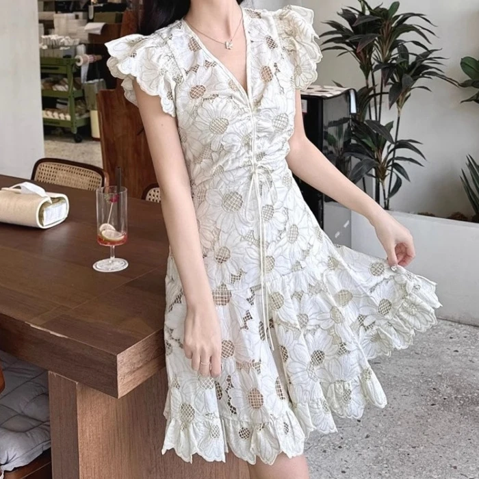 Vintage Drawstring Mini Dress Bodycon Women Apricot Floral Daisy Embroidery Hollow Out Womens Clothing Sleeveless Party Vestidos