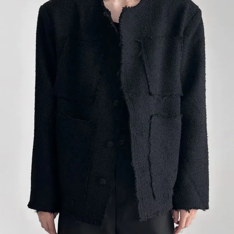 Mens Solid Color High-End Jacket Autumn And Winter New Style Raw Edge Design Collarless Loose Top Korean Style Trendy Jacket