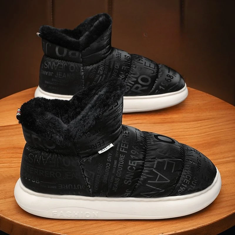 

2025 New Men's Winter Snow Boots Stylish Letter Design Fur Lined Leather Quilted Thickened Warm Waterproof Down Cloth Shoes