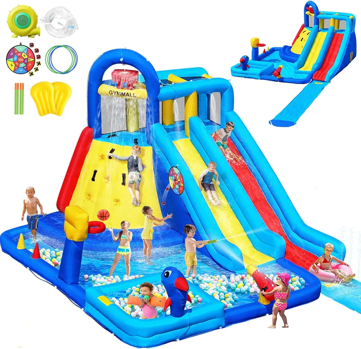 Water Bounce House for Kids Ages 3-10 - Extra Large Inflatable Bouncy Castle with Double Slide and Long Water Slide, 550W Air Blower, Ball Pit, Swimming Pool, Climbing Wall, Ideal for Birthday Parties & Events