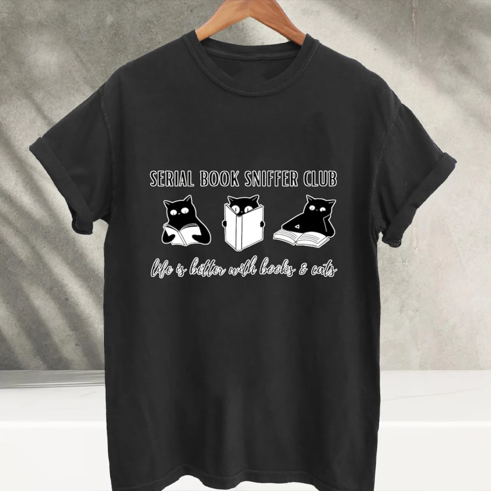 Serial Book Sniffer Club Three Reading Black Cat Graphic T-Shirt Book Lover Gift Casual Cotton Short Sleeve Reader Pet Tee Tops