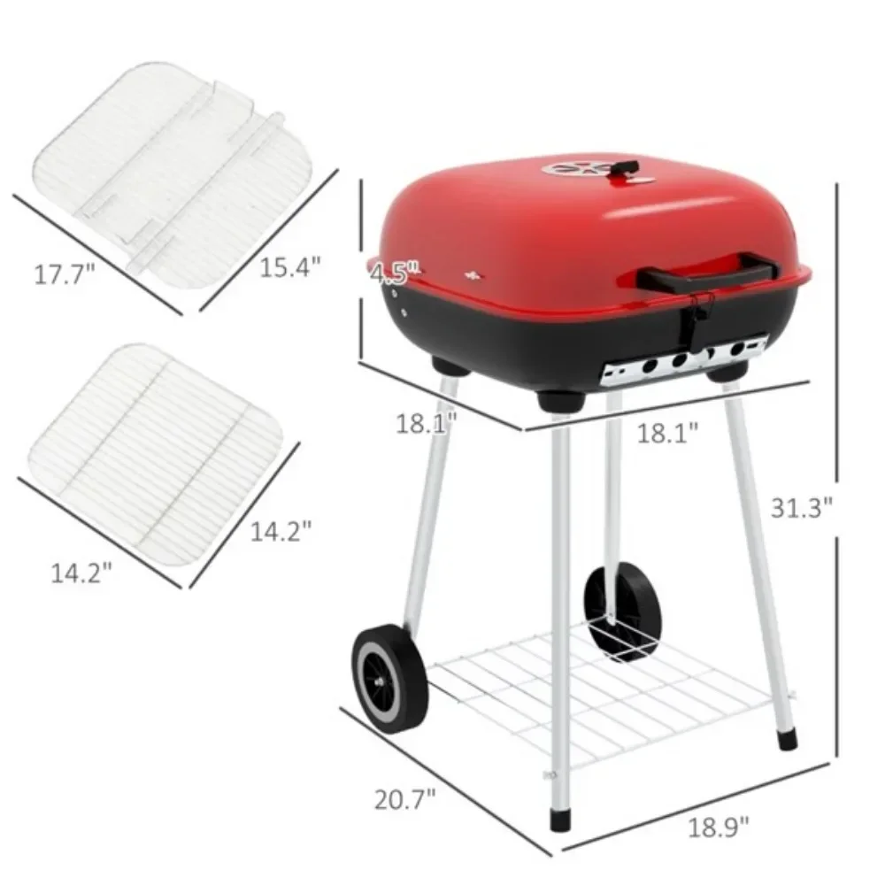 Portable Charcoal Grill /BBQ Grill with two back wheels for easy transport -Enamel-coated steel offers excellent heat resistance