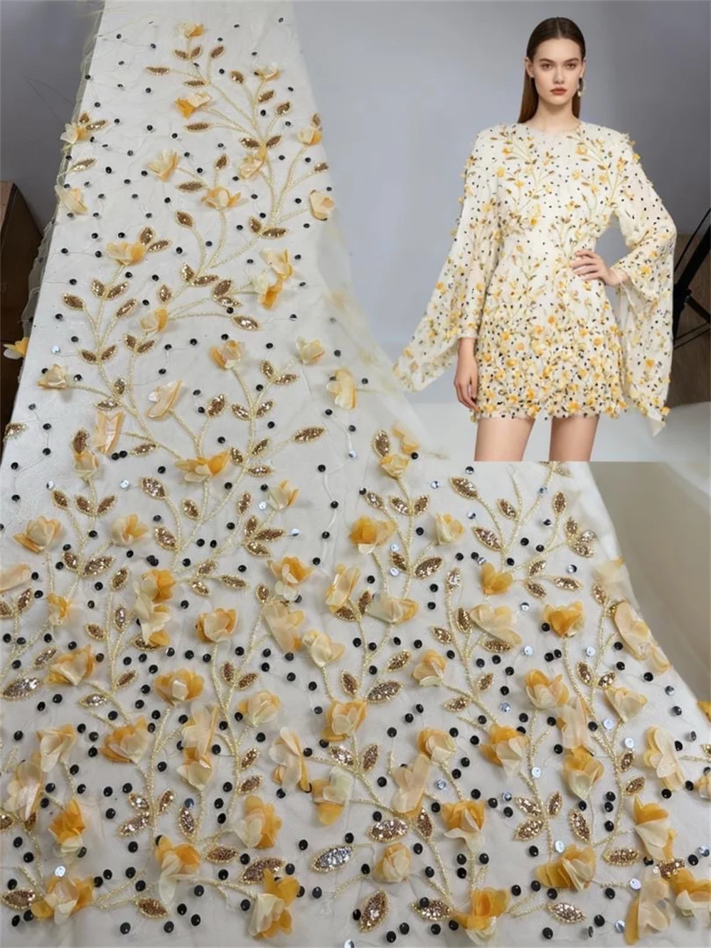 

African 3D Flower Lace Fabric 2025 High Quality Sequins Lace Material French Nigerian Beaded Lace Fabric For Women Party Wedding