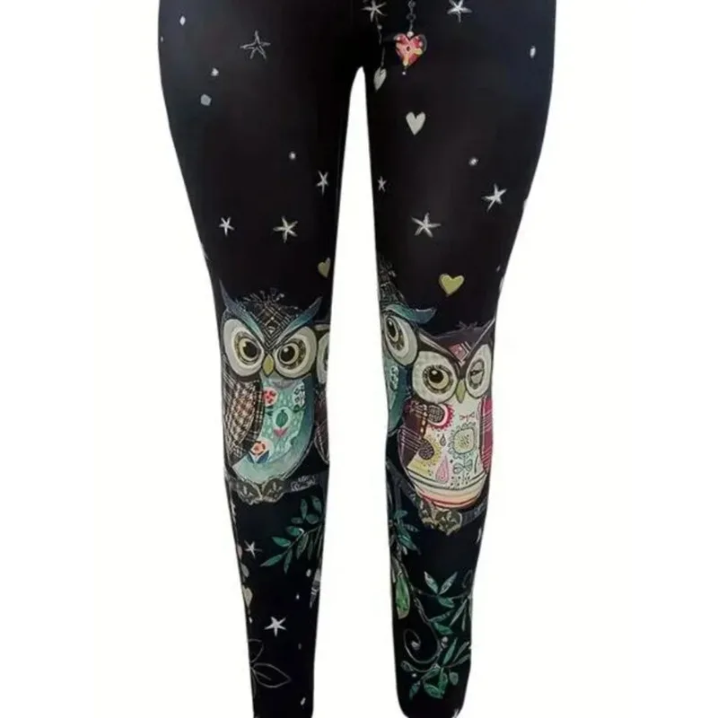 Damskie 1XL-5XL Plus Size Casual Owl Print Legginsy Skinny Leg Design Super rozciągliwy materiał Casual Daily Wear Designed Legginsy