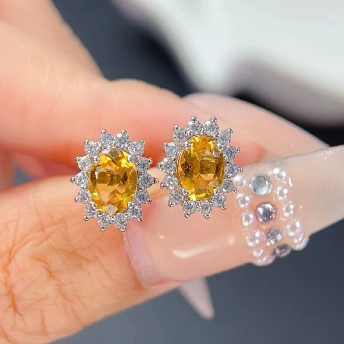 

Classic 925 Silver Halo Earrings for Daily Wear Natural Citrine Earrings with Certificate 6mm*8mm 2ct Real Citrine Jewelry