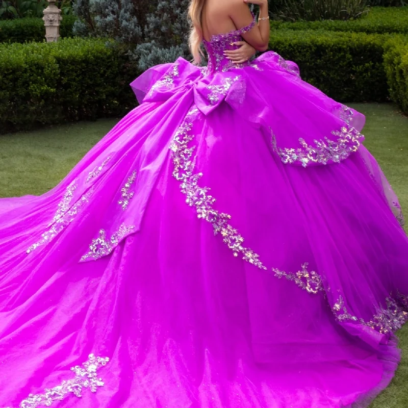 الأرجواني لامعة فساتين Quinceanera الكرة ثوب قبالة الكتف زين مقوس دانتيل الخرز تول حفلة عيد ميلاد الحلو 16 Vestidos 15 De