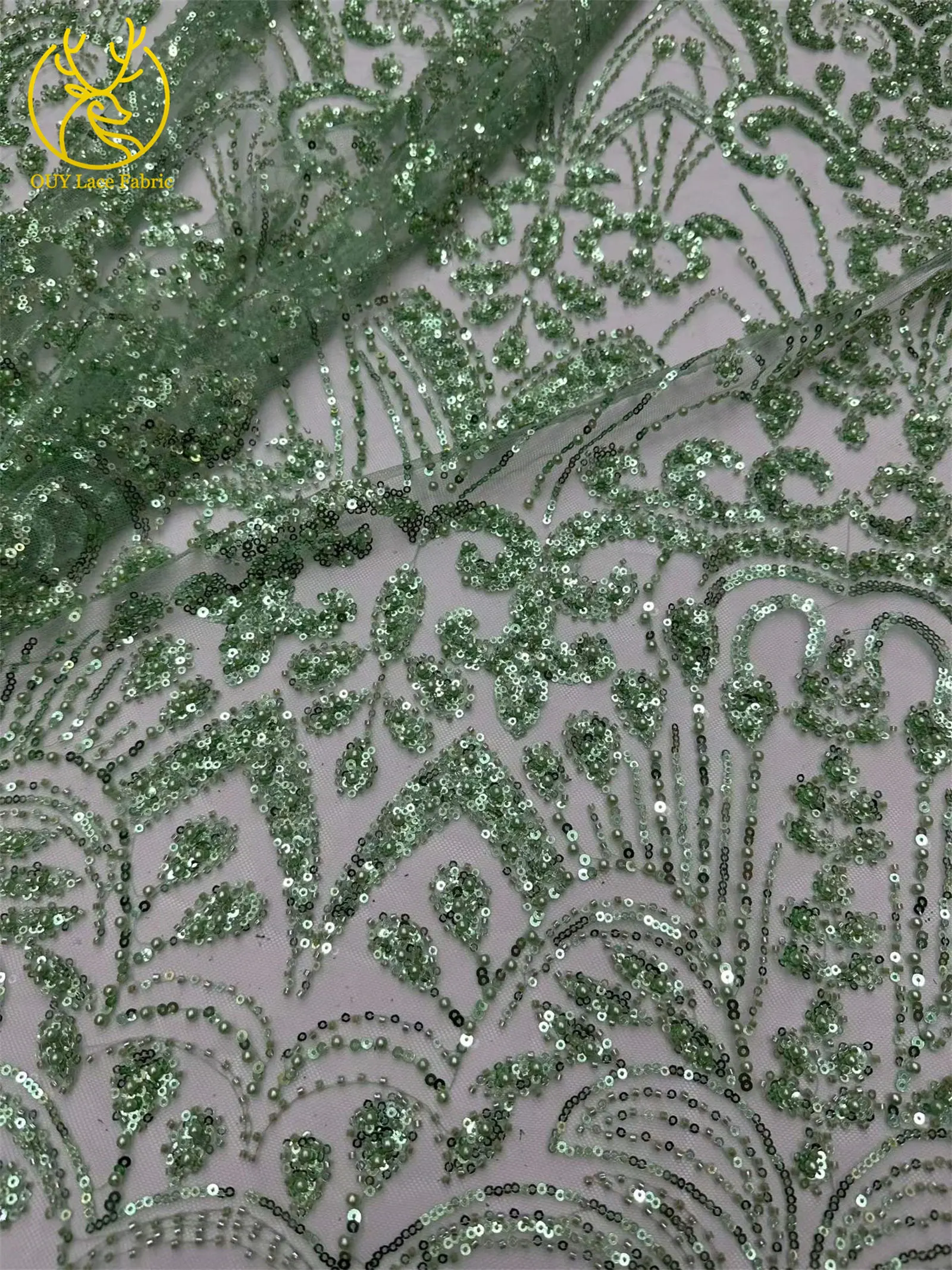 Goldener Luxus-Spitzenstoff mit Perlen und Pailletten, 5 Yards, afrikanischer Spitzenstoff, hochwertiger nigerianischer Netzspitzenstoff für Partykleider und Näharbeiten – Detail 24