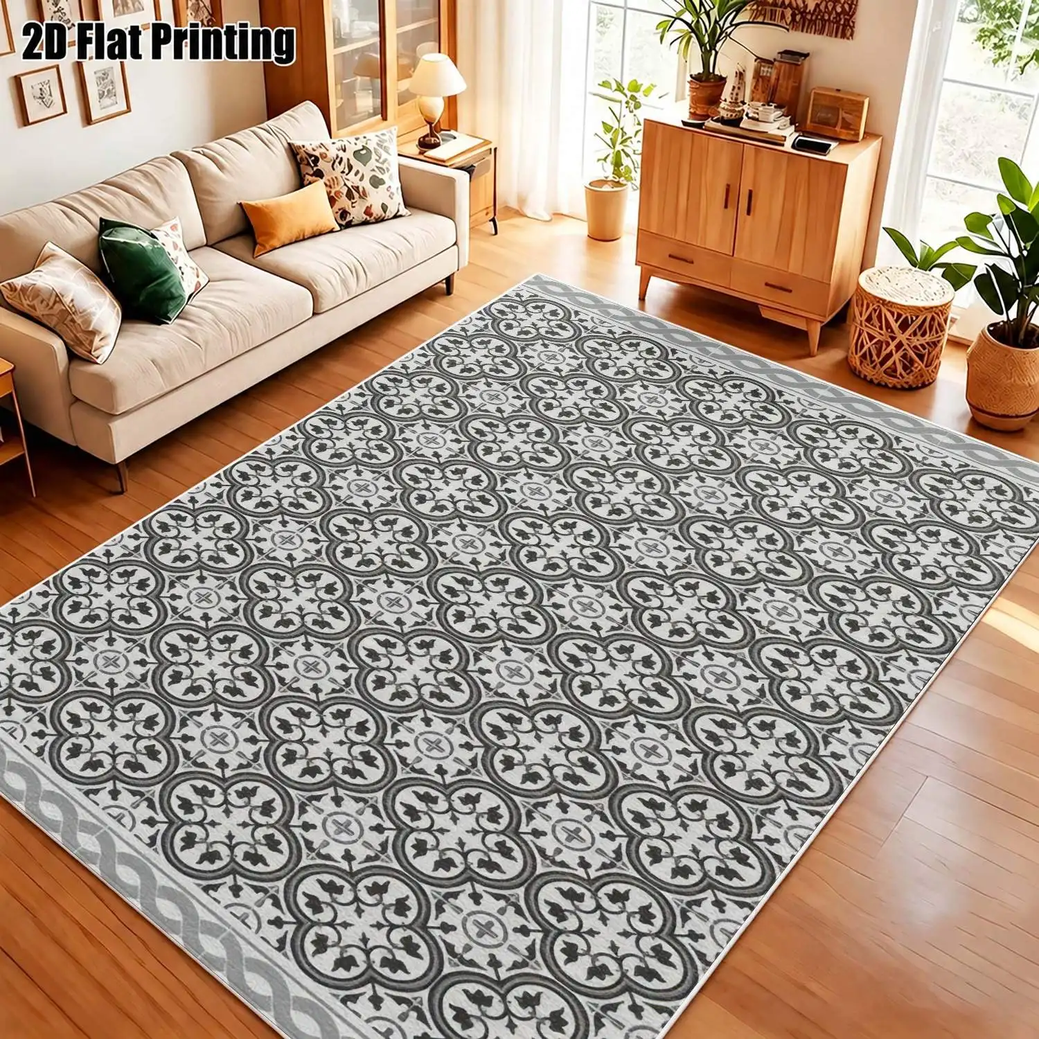 1Pc 2D Printed Velvet Carpet, Retro Geometric Floral Nordic/European/Minimalist/Instagram Style, Multi-Size, Machine Washable, for Entrance, Dining, Foyer, Bedroom, Living Room Home Decor