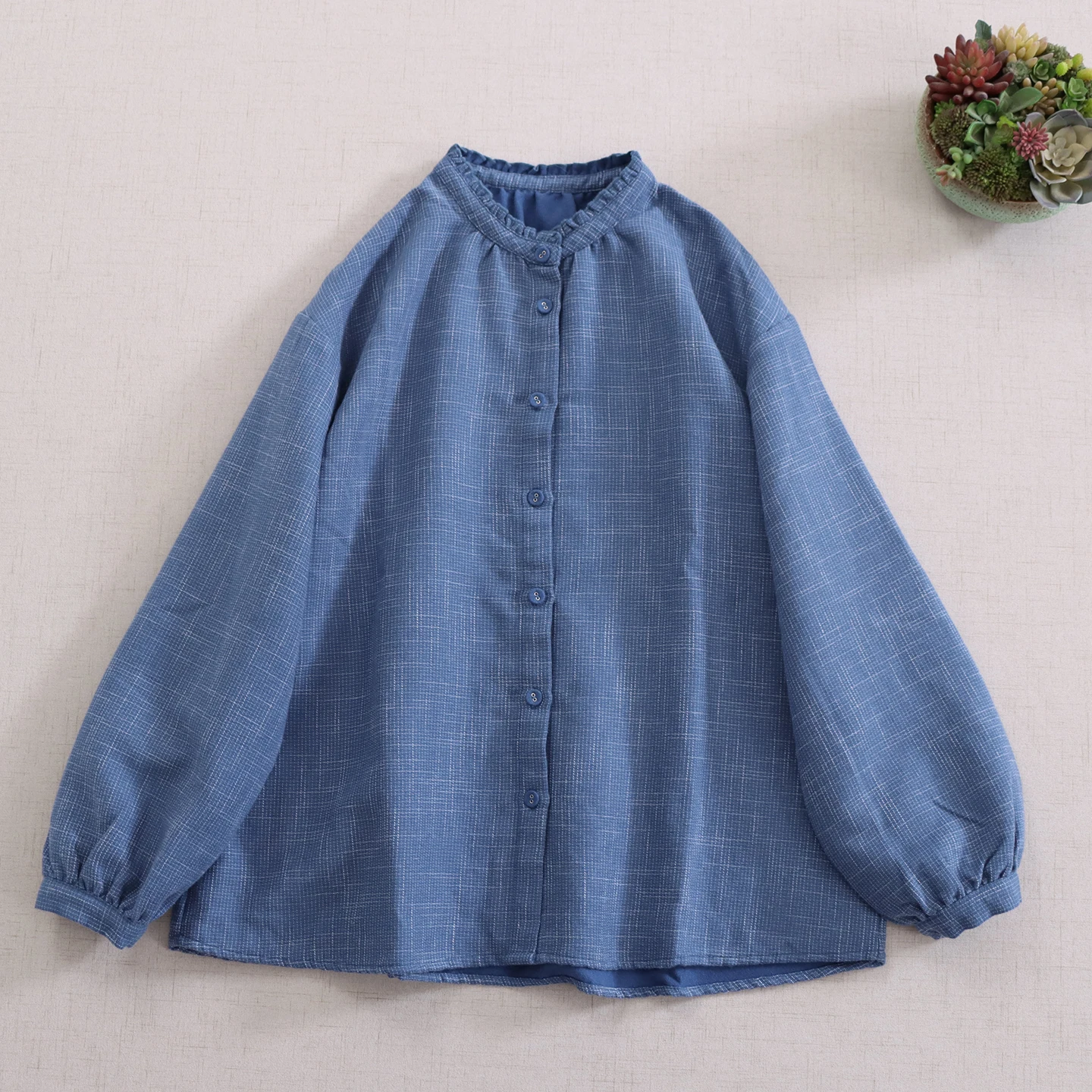 

Japanese Vintage Mori Girl Brushed Cotton Shirts Women Spring Autumn Stand Collar Long Sleeve Casual Loose Blouse Tops