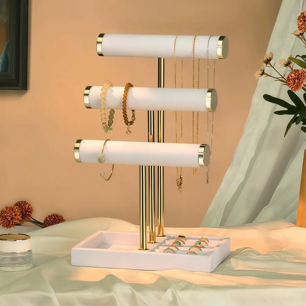 3 Tier Velvet Jewelry Organizer T-shaped Jewelry Holder Stand for Bracelet Necklace Ring Earring with Storage Tray Home Display