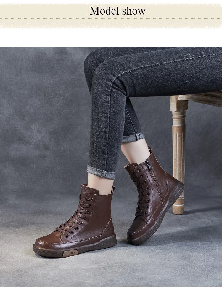 DRKANOL Frauen Echtes Leder Kurze Stiefel Runde Kappe Aus Echtem Leder Handgemachte Retro Street Style Winter Warme Wohnungen Stiefeletten – Detail 8
