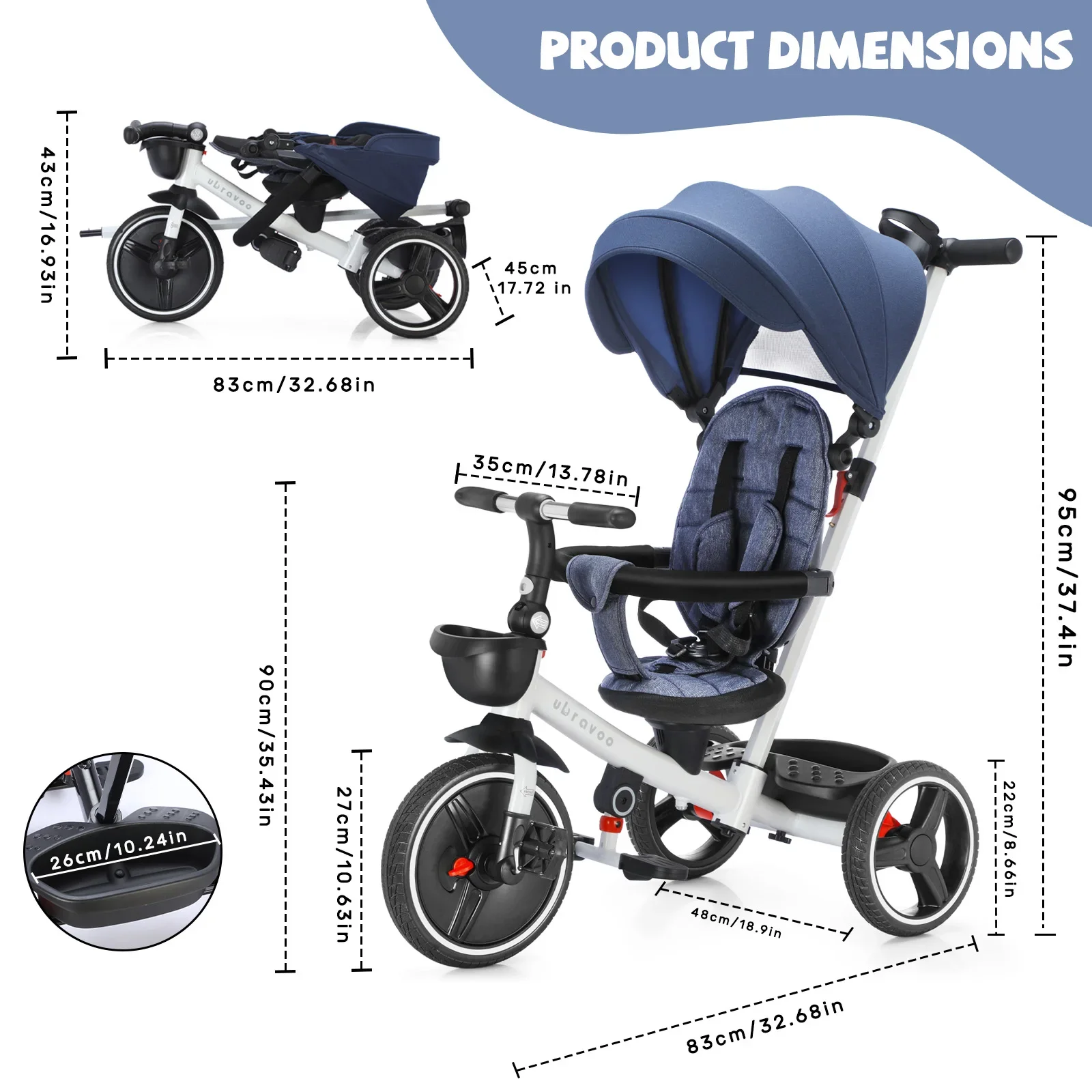 Triciclo plegable para bebé 6 en 1: mango ajustable para padres, arnés de seguridad, frenos de ruedas y dosel extraíble | Trike para niños