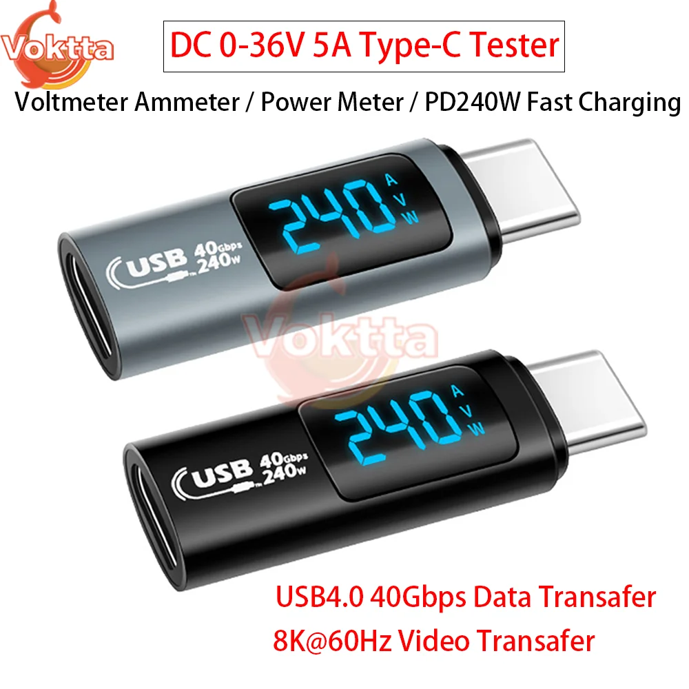 

Тестер USB 4.0 Type-C постоянного тока 0-36 В, цифровой измеритель напряжения и тока, измеритель мощности PD240W, 5A, адаптер для быстрой зарядки, передача данных 40 Гбит/с