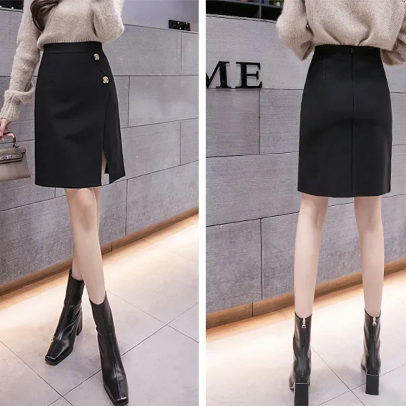 2024 New Women's Solid High Waisted Button Slit Skirt Fashion Korean Version Black Slim Wrap The Buttocks Skirts D258