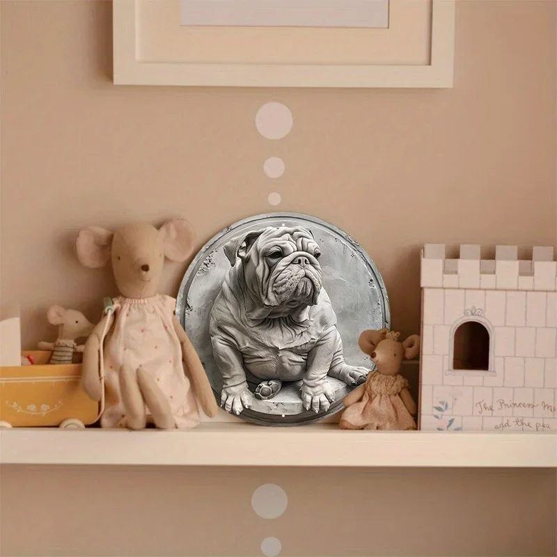 Metal Sign Statue Of English Bulldog Round Aluminum Door Hanger Wall Wreath Metal decoraciรณn bar vintage home decor
