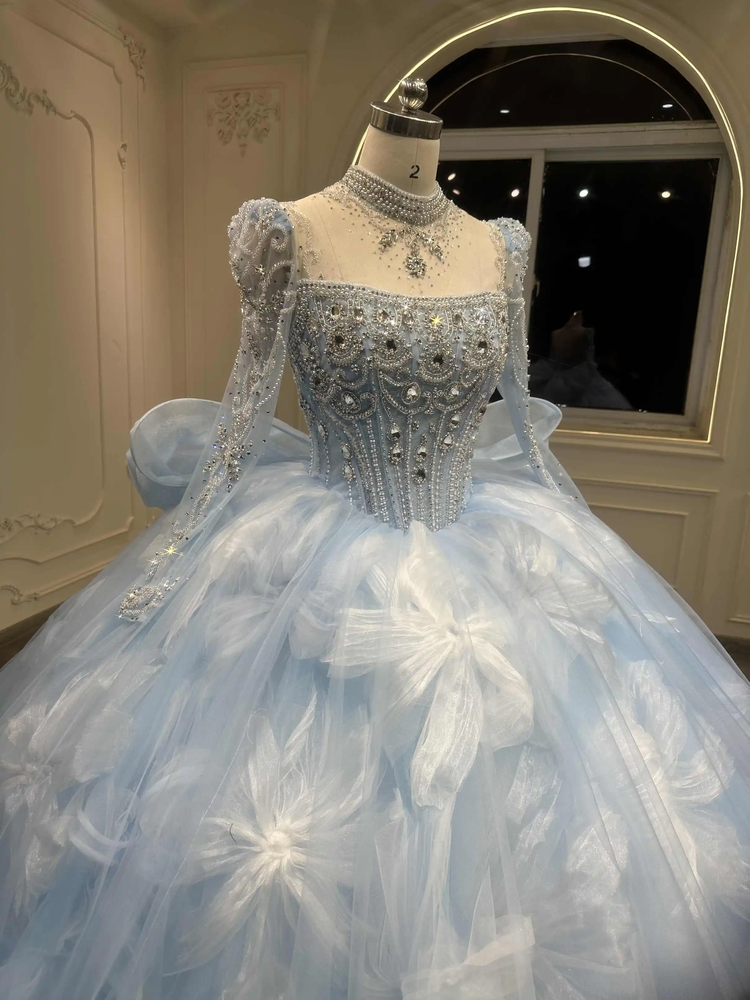 2025 New Blue White Floral Bridal Gown Strapless Dress with Large Train Handmade Craftsmanship Exquisite Design