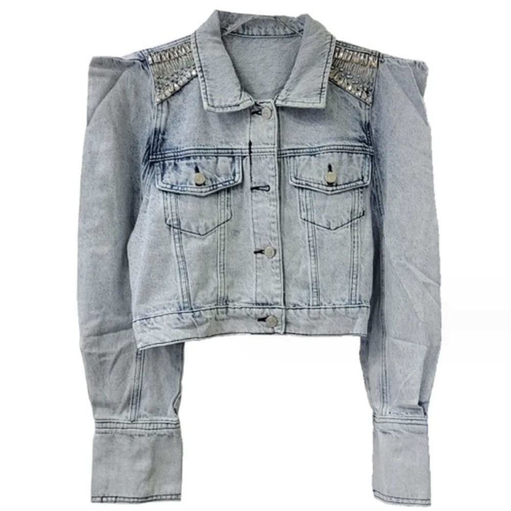 New hand-nailed bead bubble sleeve denim coat girl