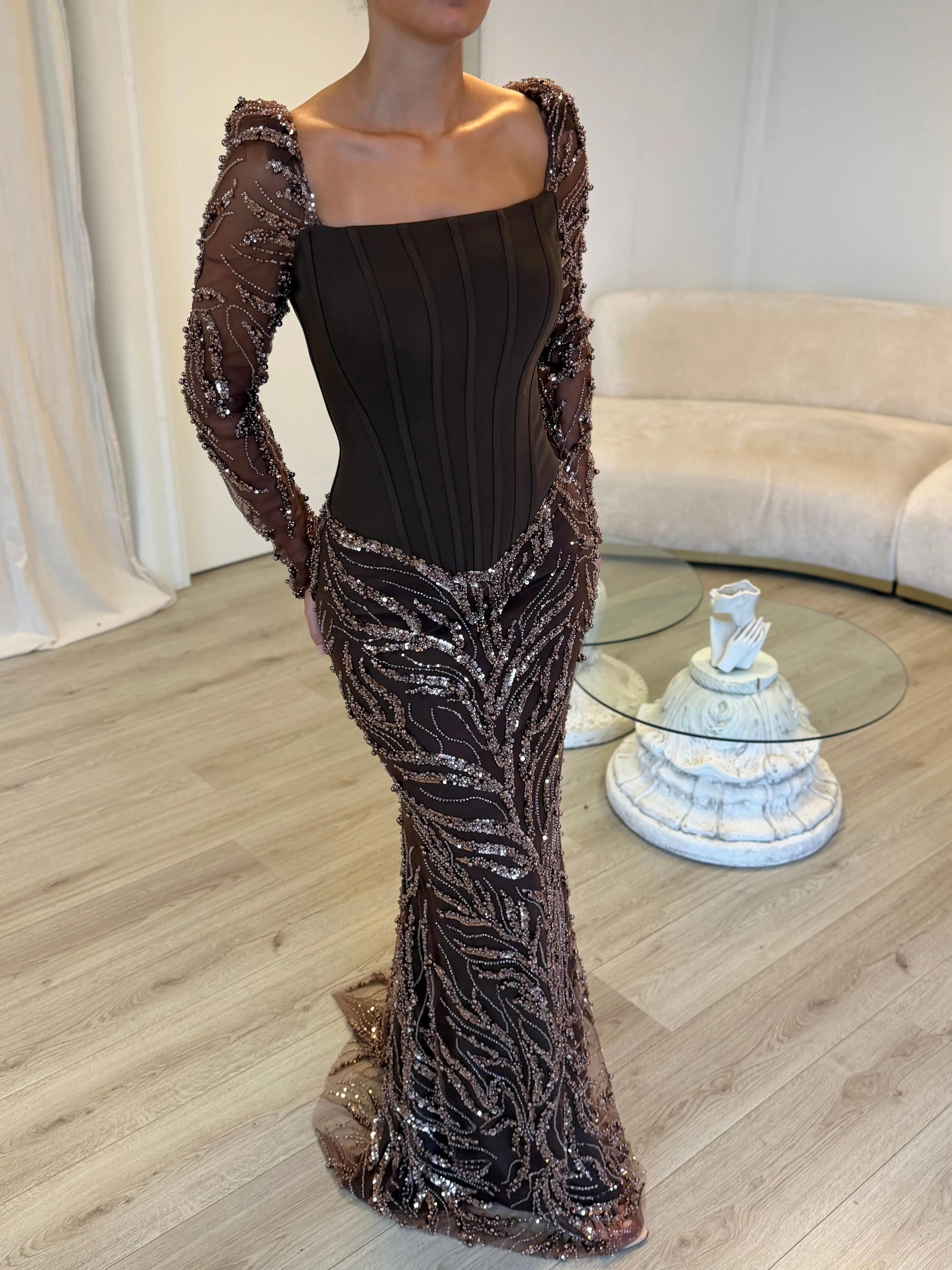 

Custom Brown Shiny Sequin Beaded robe de soirée femme Raglan Sleeves Corset Prom Dress Mermaid Formal event dress