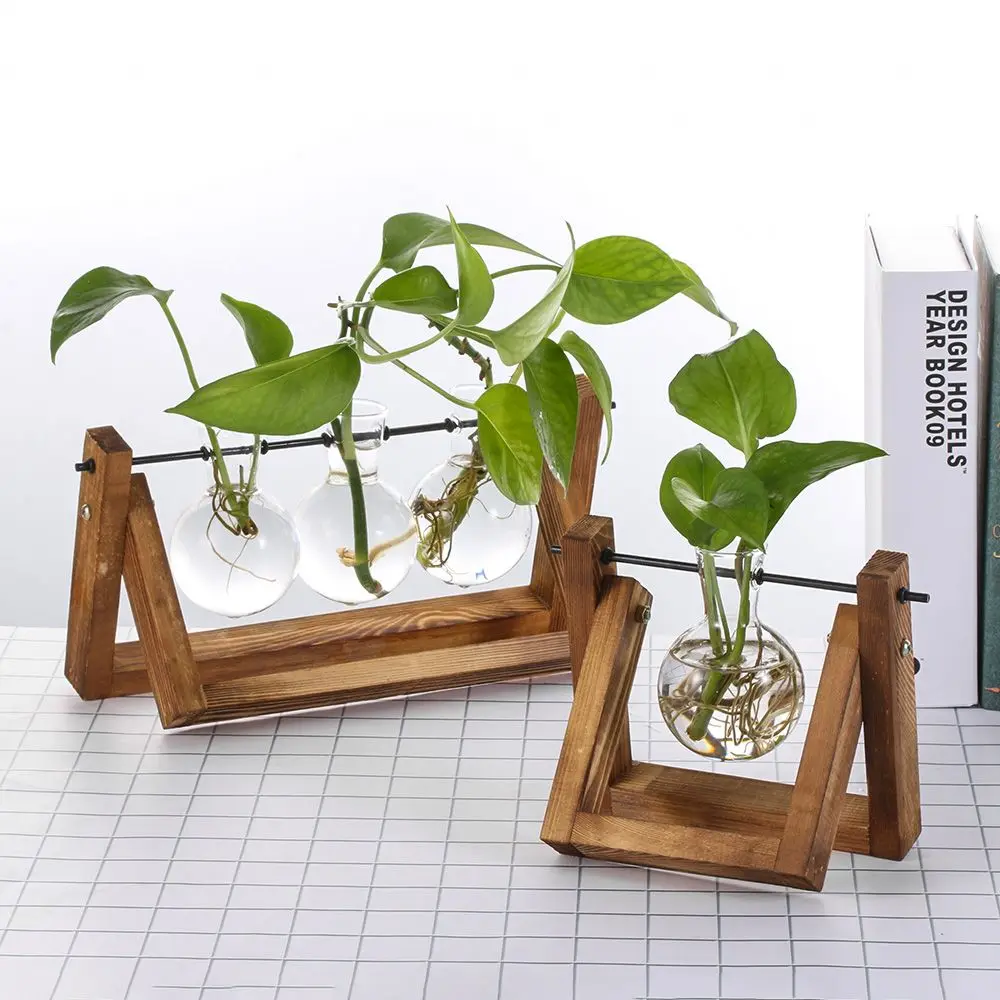 Hydroponic Plant Vases Glass Vase Vintage Bonsai Flower Pot Terrarium Tabletop Tray Wooden Frame Home Decor