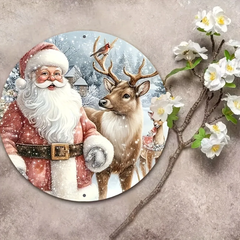 Benutzerdefiniertes Weihnachtsschild mit Rentier-Kranz, 20,3 x 20,3 cm, runde Aluminium-Wandkunst, Weihnachtsdekoration für Zuhause, Küche, Büro
