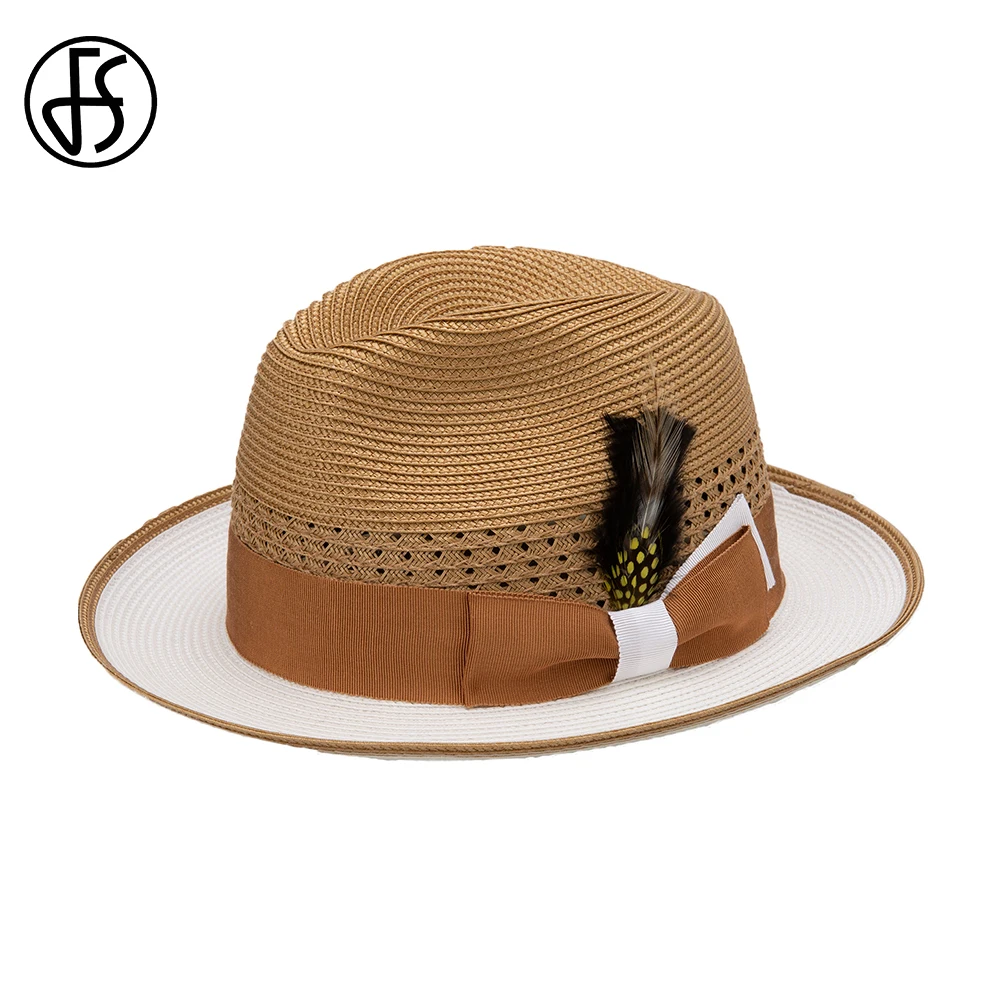 FS Khaki Cowboy Straw Hats For Men With Feather Rolled Brim Sombrero Jazz Panama Hat 2025 Gentleman Gangster Black Cap