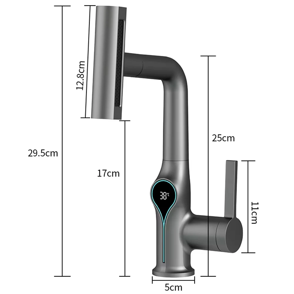 Digital Display Waterfall Faucet for Bathroom Sink Hot Cold Water Mixer Wash Tap with Lift up down Stream Sprayer