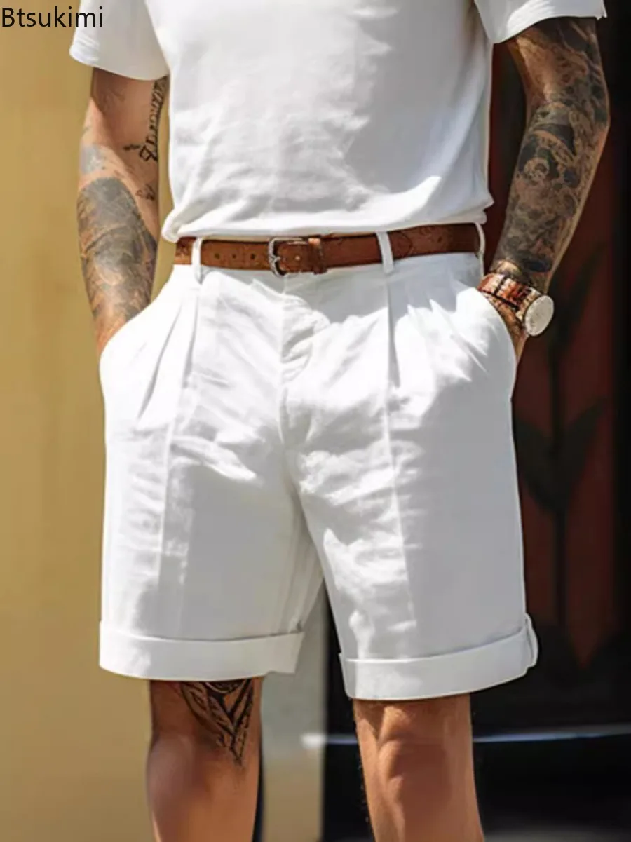 Summer Fashion Solid Cotton Linen Shorts for Men Breathable Pleated Loose Casual Straight Shorts Men Daily Versatile Short Pants - Image 2