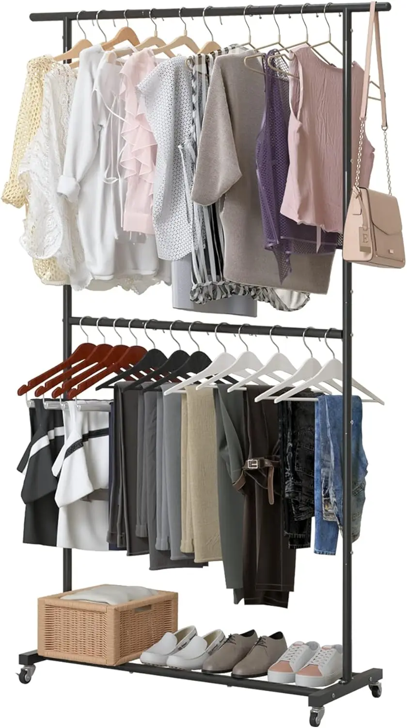 

Double Rod Clothing Garment Rack, Rolling Clothes Organizer on Wheels for Hanging Clothes, Easy to Assemble, Adjustable, Blac