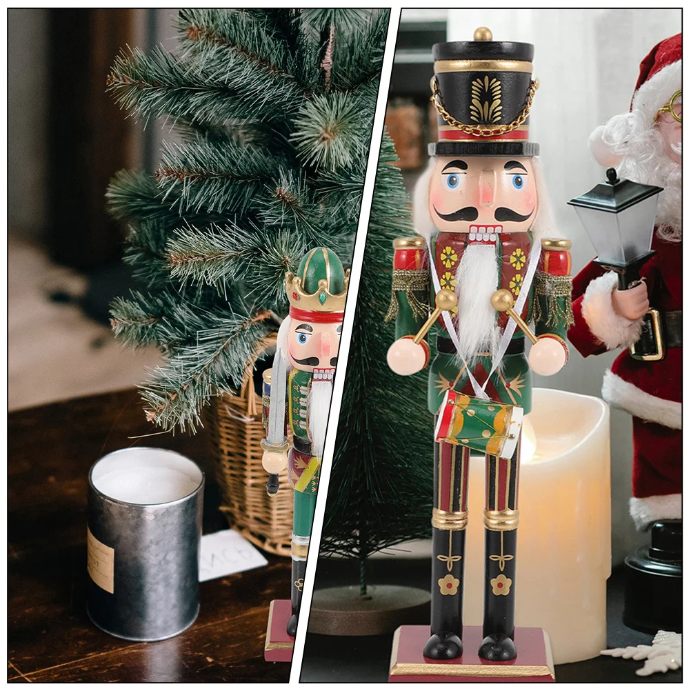 

2pcs Holiday Nutcracker Christmas Wood Ornament Xmas Decor Craft Soldier Figure Festive Home Office Desktop Decoration Gift Set