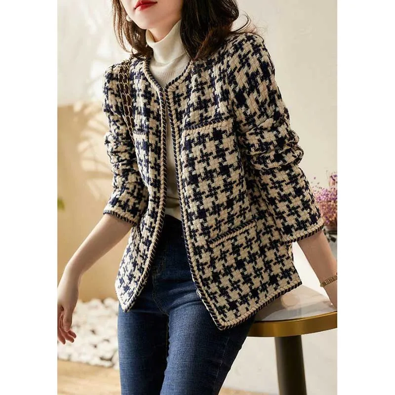 Fashion O-Neck Spliced Bright Silk Houndstooth Jackets Women's Clothing 2023 Autumn Winter Loose All-match Tops Casual Coats