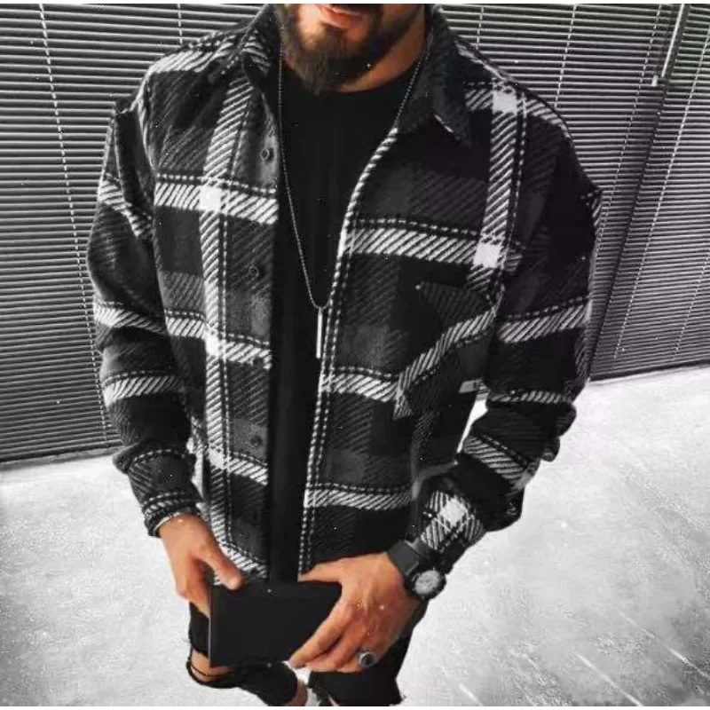 Vintage Casual Fashion Long Sleeve Turn Down Collar Button Wool Plaid T-shirt Blouse Y2K Clothes Autumn Winter Men Shirt 2023