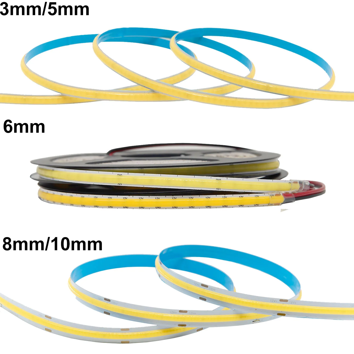 Dimmable DC COB LED Strip Light, Linear LED Tape Bar, Cor Natural Quente, Decoração Home, 5V, 12V, 24V, 3mm, 5mm, 6mm, 8mm, 10 milímetros