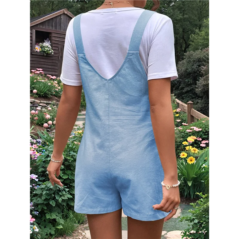 女性の夏カジュアルビブショートオーバーオールルーズリネンジャンプスーツビーチ衣装旅行休暇服-A55G