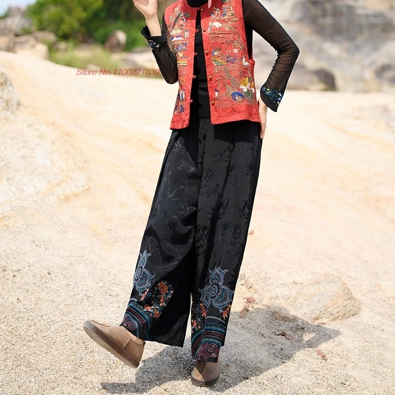 2025 السراويل الصينية خمر الرجعية الساتان الجاكار السراويل زهرة التطريز العرقية السراويل الشعبية مرونة الخصر واسعة الساق السراويل #5