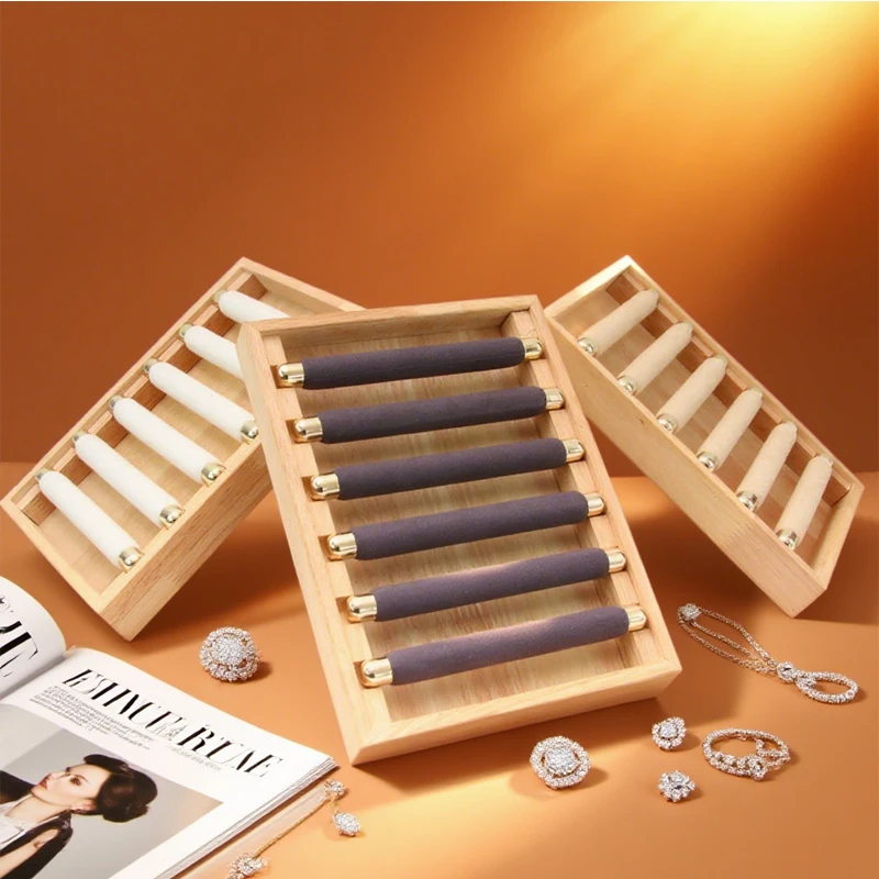 

Wooden Ring Display Tray with 6 Movable Ring Sticks,24x18.5cm Counter Organizer for Jewelry Photography/Store Props