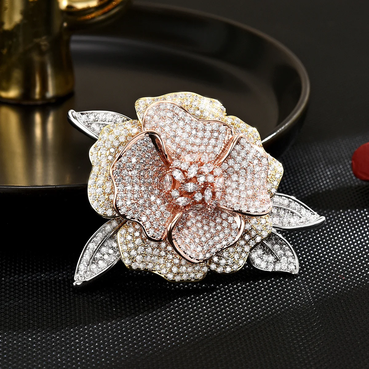 

Camellia Brooch Exquisite Elegant Full Rhinestone Rose Flower Pin Luxury Suit Accessory