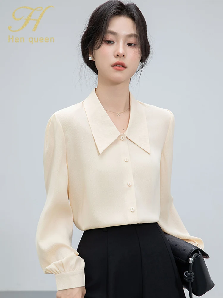 

H Han Queen Autumn Shirts And Blouses Simple Office Lady Blouse Long Sleeve Tops Casual Korean OL Loose Blouses Women Clothing
