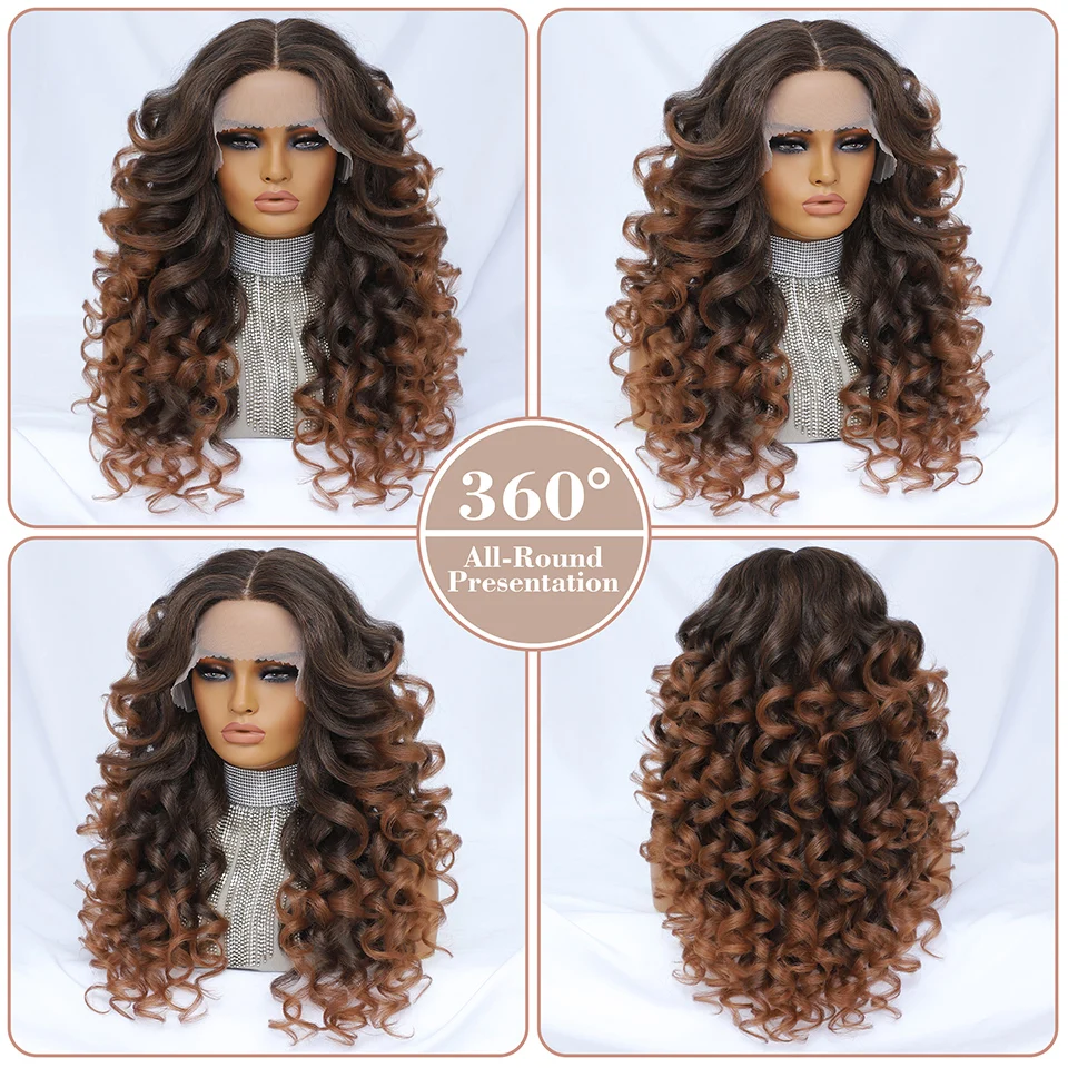 Schwarzbraune lockige Perücke, synthetische Lace-Front-Perücken für Frauen, blond, orange, weibliche Spitze-Perücke, 13 x 4,5 x 1, Cosplay-Haar, täglicher Gebrauch – Detail 7