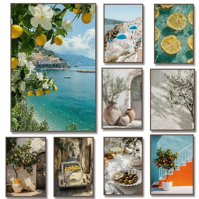 Santorini Zitronen-Orangenbaum Leinwanddruck, Küstige Boho-Heimdekoration, Wohnzimmer Schlafzimmer Sommer Meerblick Gemälde