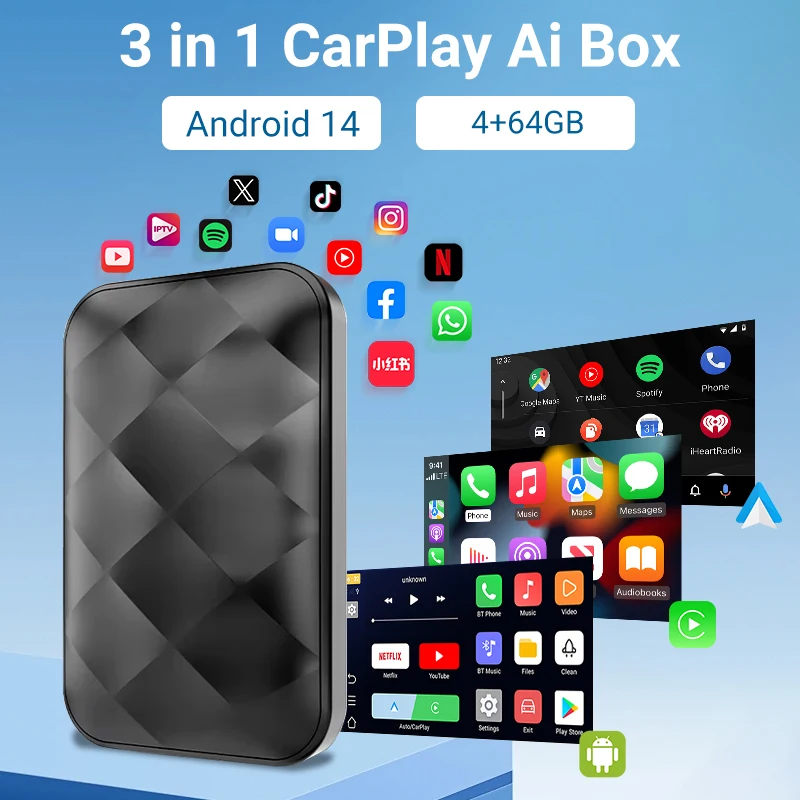 Acodo 2025 Android 14 3In1 CarPlay Ai Box Wireless Android Auto USB Adapter For Youtube Netflix Universal TV Box Plug And Play