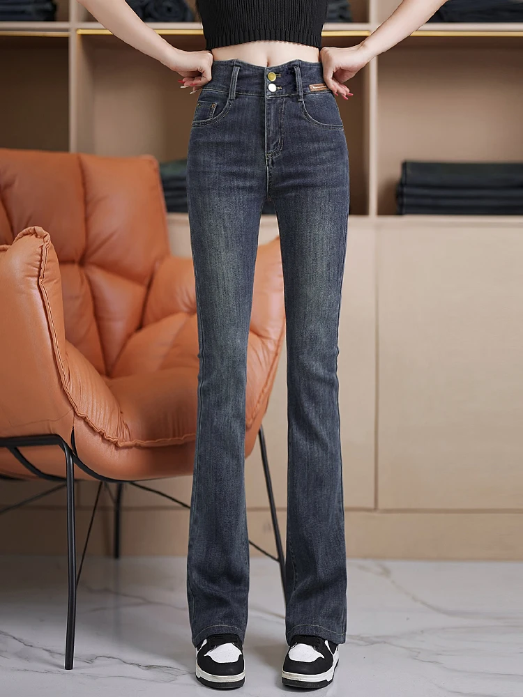 

Retro Cement Grey Flared Jeans Women's High Waist Slimming Nine-Piece Flared Pants Spring Autumn Winter New Style Small Size