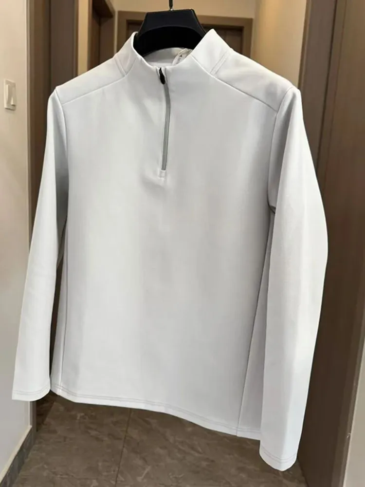 American Style Half Zipper Velvet Base Shirt Men's Autumn Winter Cleanfit Sports Sweatshirt Inner Half High Collar Long Sleev...