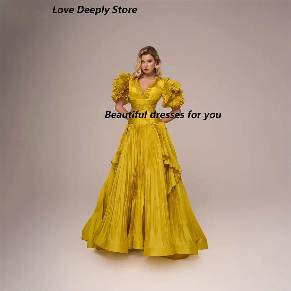 Gouden Avondjurk voor Vrouw V-hals Een Lijn Lange Prom Jassen Plooi Vloerlengte Elegante Feestjurken 2025, Aangepast