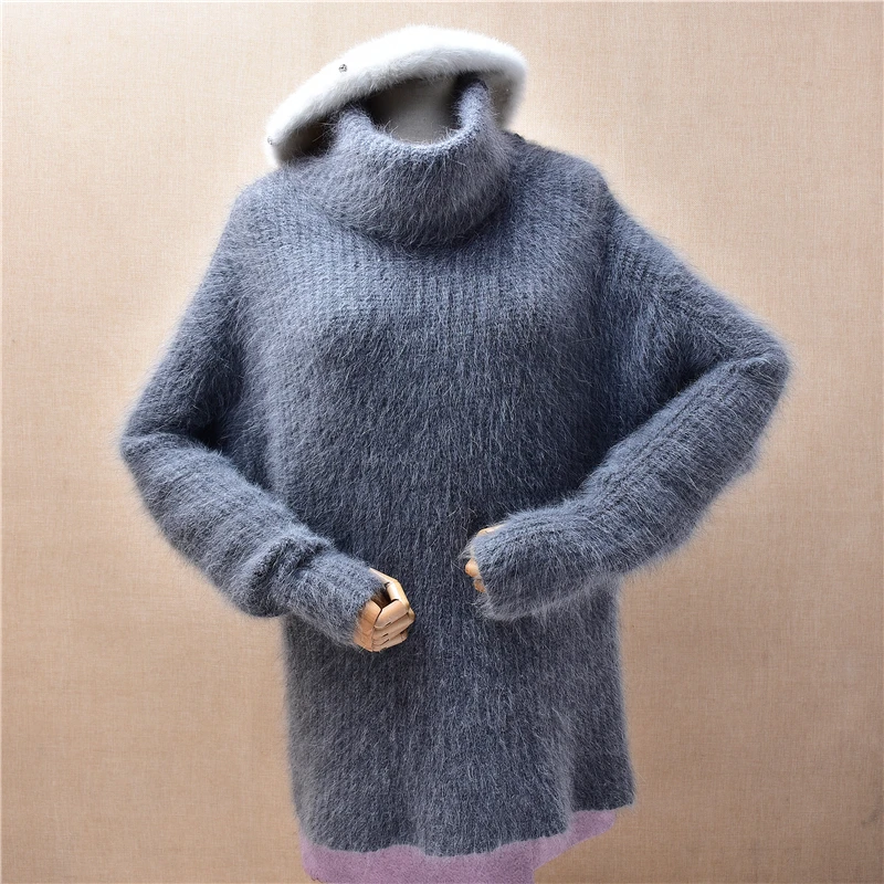 

Женская осенне-зимняя одежда, серая волосатая норковая кашемировая вязаная водолазка с длинными рукавами, свободный пуловер, свитер, джемпер