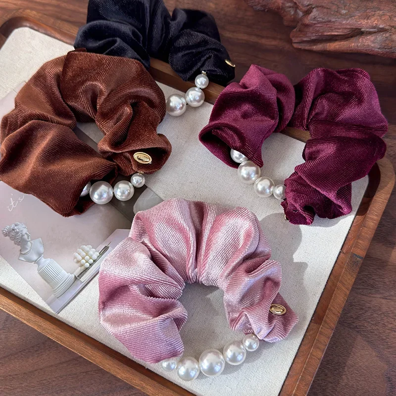 Retro Luxury Velvet Pearl Hair Scrunchies High Elastic Headbands for Womens Elegant Hair Band Female Ties Ponytail Head Rope New