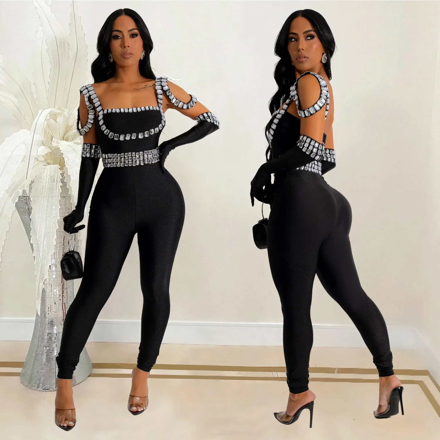 

BKLD One Pieces Black Jumpsuits Fashion Women Clothing Summer New Spaghetti Strap Diamonds Long Pants Jumpsuit With Gloves