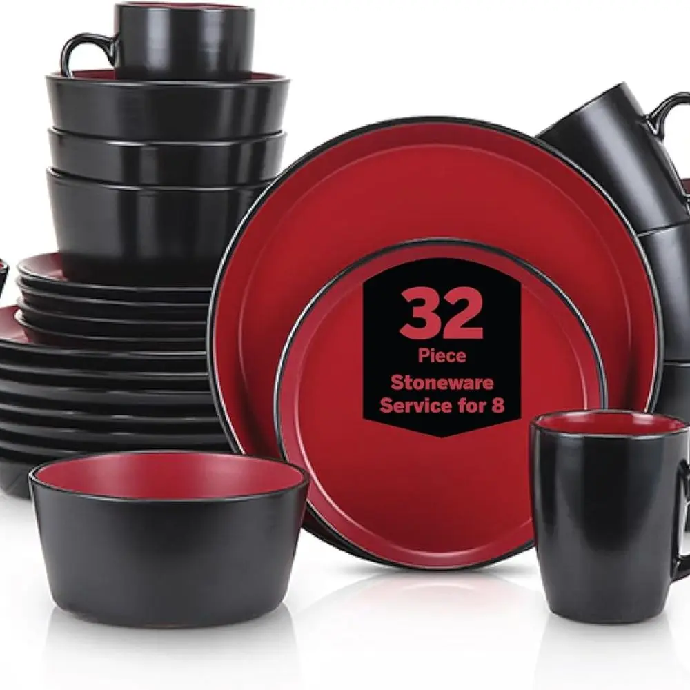 

Набор столовой посуды, тарелки и миски из 32 предметов, набор посуды на 8 человек, красный и черный, можно мыть в микроволновой печи и в посудомоечной машине