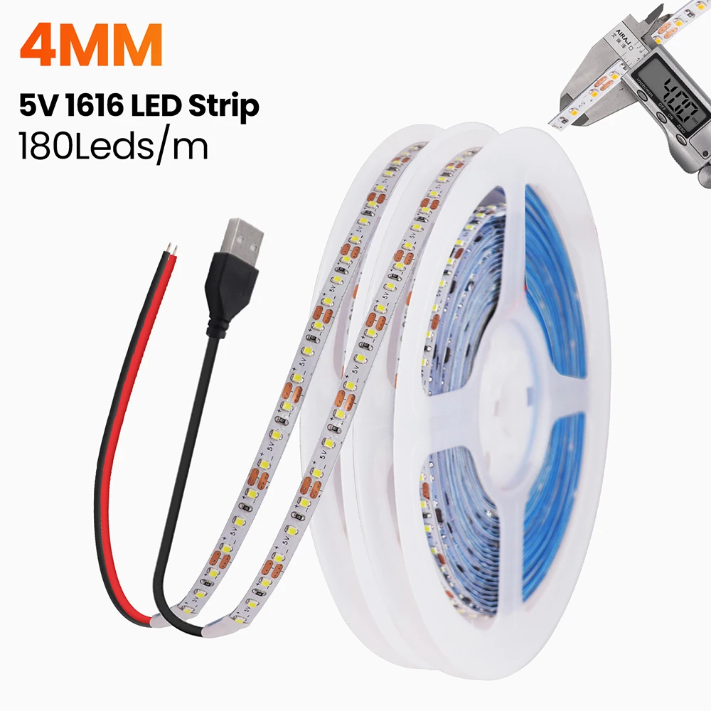 Bande Lumineuse LED Flexible, Haute Luminosité, Blanc Chaud, 1m 2m 3m 5m, 5V 1616, 4mm, Largeur PCB 180 Gible/M avec USB, Fil 2PIN